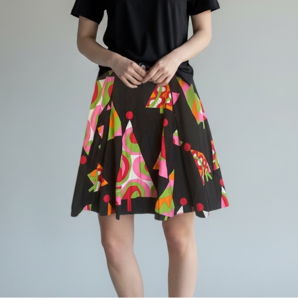 Vintage Black Cotton Swing Skirt Colorful Print Red Lined Midi Size 12 Statement
